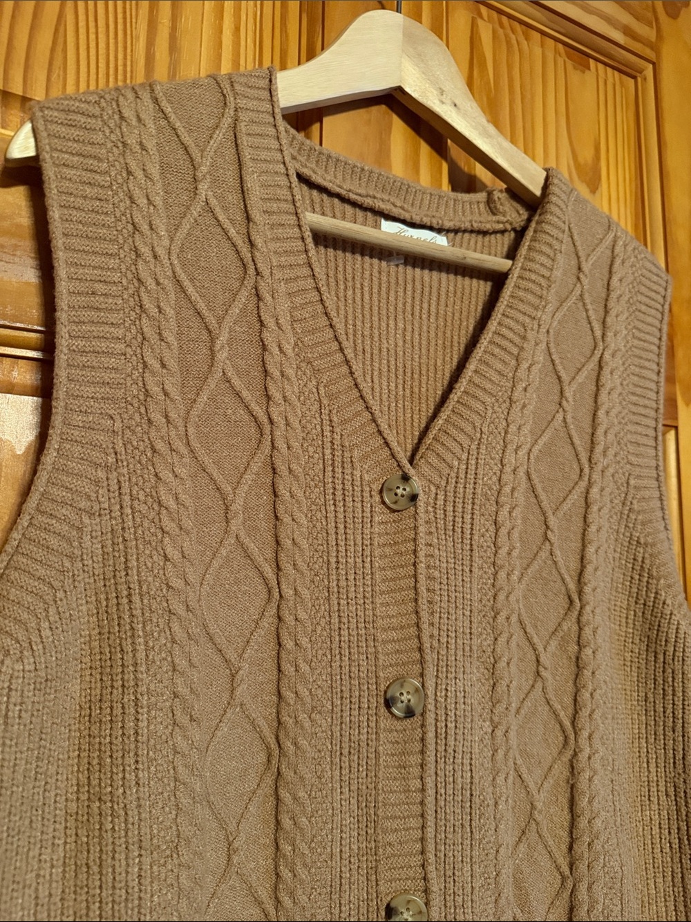 Cable Knit Button-Front Brown Sleeveless Vest - Picture 3 of 7
